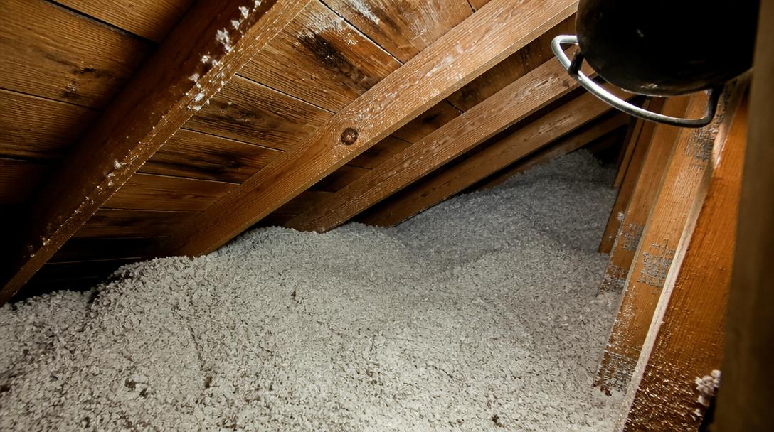 Blown attic insulation pushed hard against the eave and blocking the soffit air path