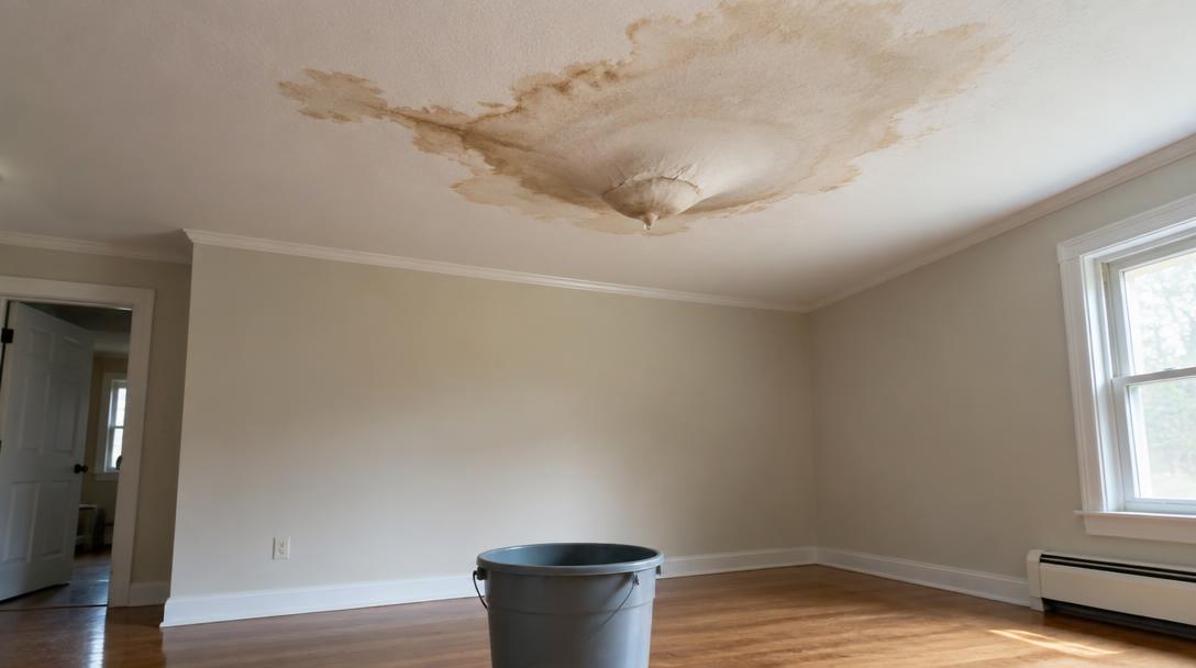 Ceiling water stain with a bucket catching drips inside a Collin County home