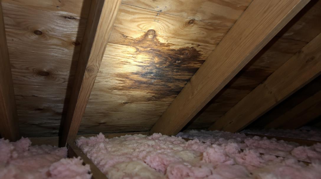 Attic decking with a water stain highlighted by a flashlight beam