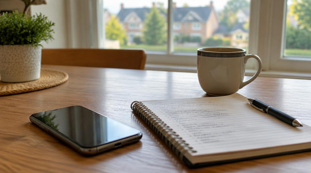 Smartphone and a notepad with handwritten notes on a kitchen table, ready for reference calls