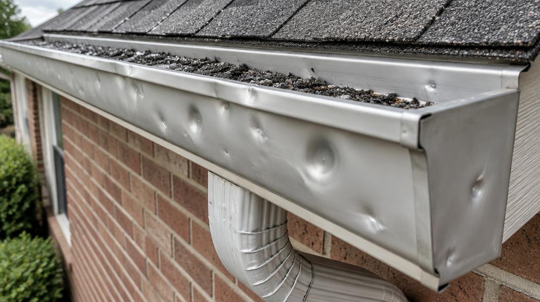 Hail dented gutter with shingle granules collected in the trough