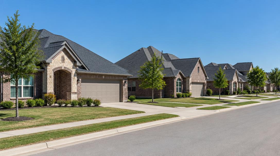 Row of brick homes with newer asphalt shingle roofs on a quiet Collin County street