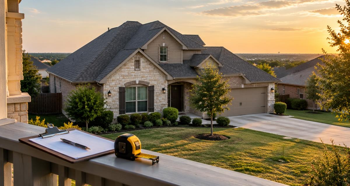 Suburban Collin County home with an asphalt shingle roof and an inspection clipboard on the porch rail