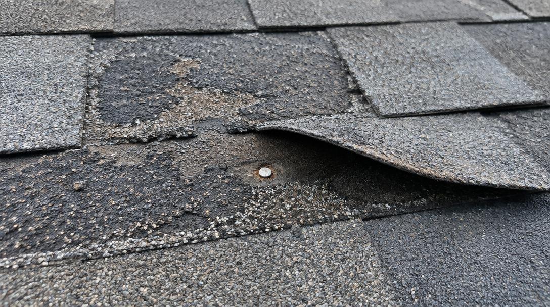 Close-up of damaged asphalt shingles with missing granules and an exposed nail on a residential roof