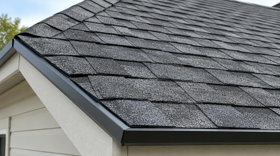 Close-up of a neatly finished architectural shingle roof edge with straight lines and clean metal drip edge