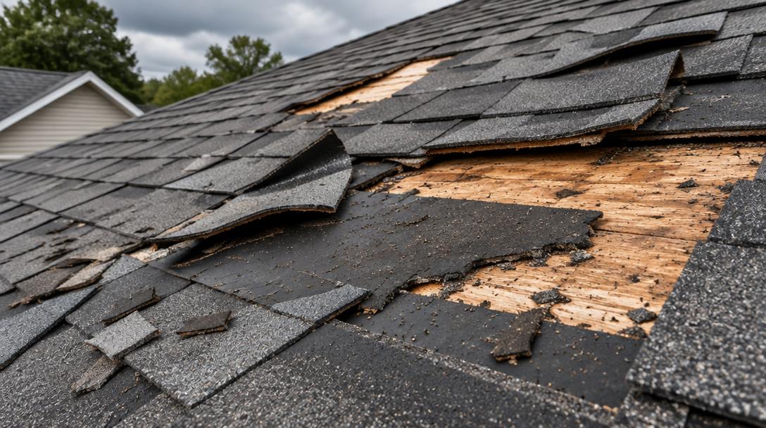 Storm damaged asphalt shingles with exposed wood decking on a Collin County home