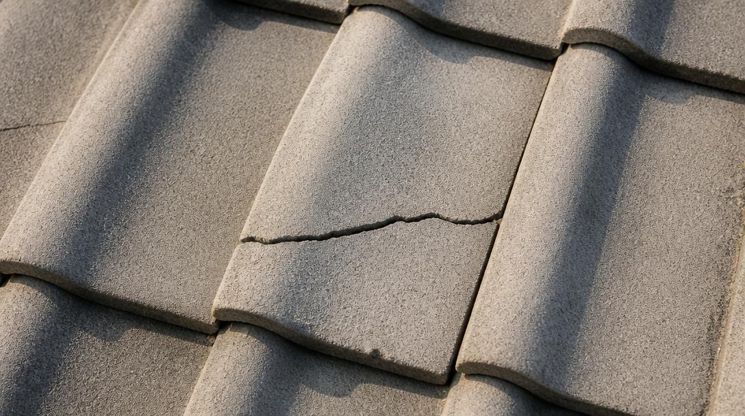 Single fractured concrete roof tile among intact tiles