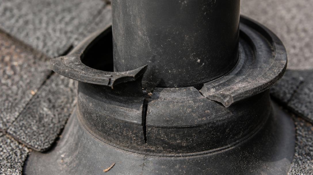 Split and curled rubber pipe boot on an asphalt shingle roof, a common North Dallas leak source