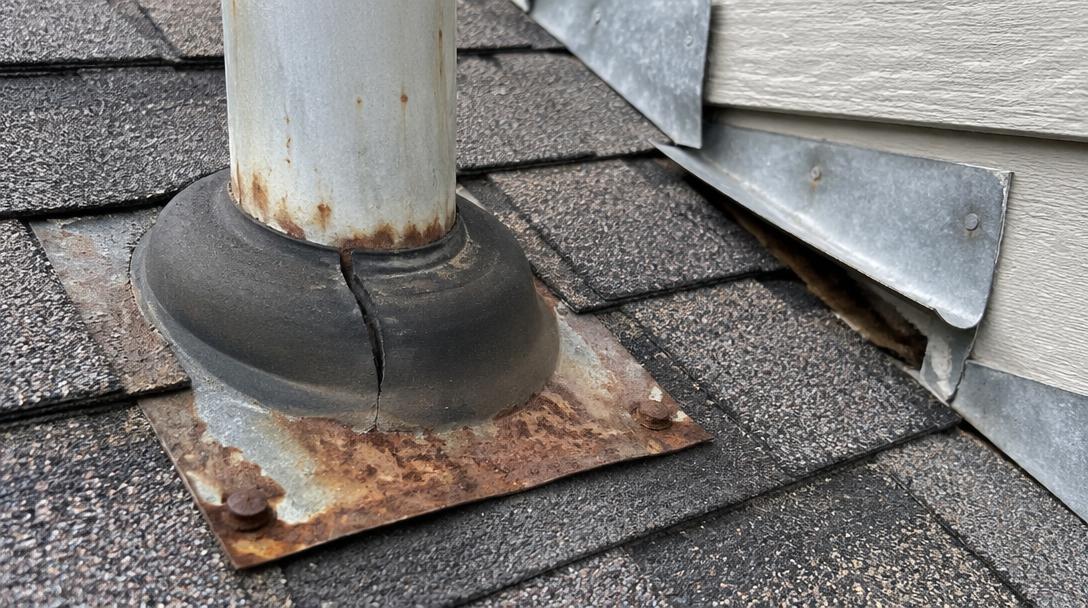 Cracked pipe boot and lifted step flashing on an asphalt shingle roof