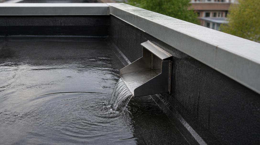 Metal scupper draining water from the edge of a low slope residential roof
