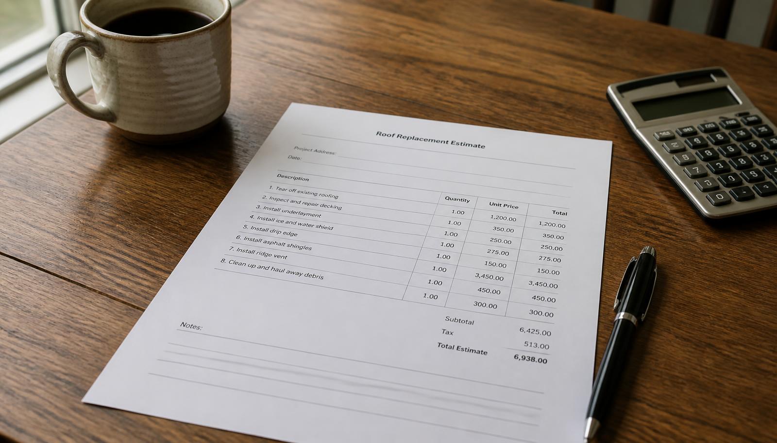 Itemized roof replacement estimate on a kitchen table with a pen and calculator