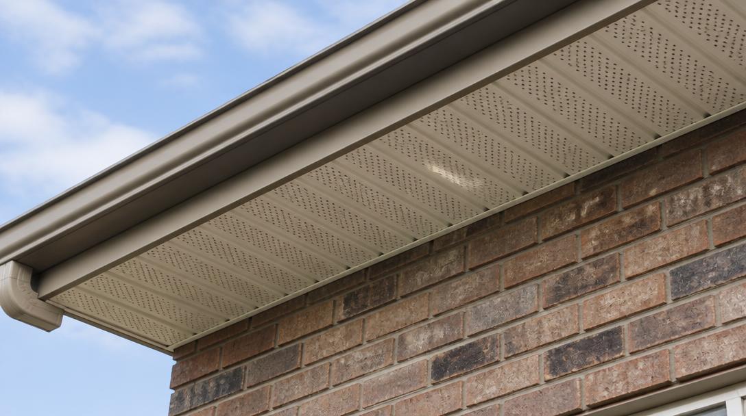 Perforated soffit vent panels under the roof overhang of a brick home in North Dallas