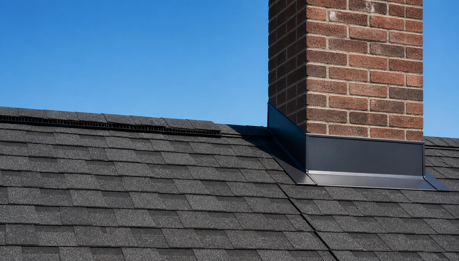 Ridge vent and new metal chimney flashing on a freshly installed architectural shingle roof