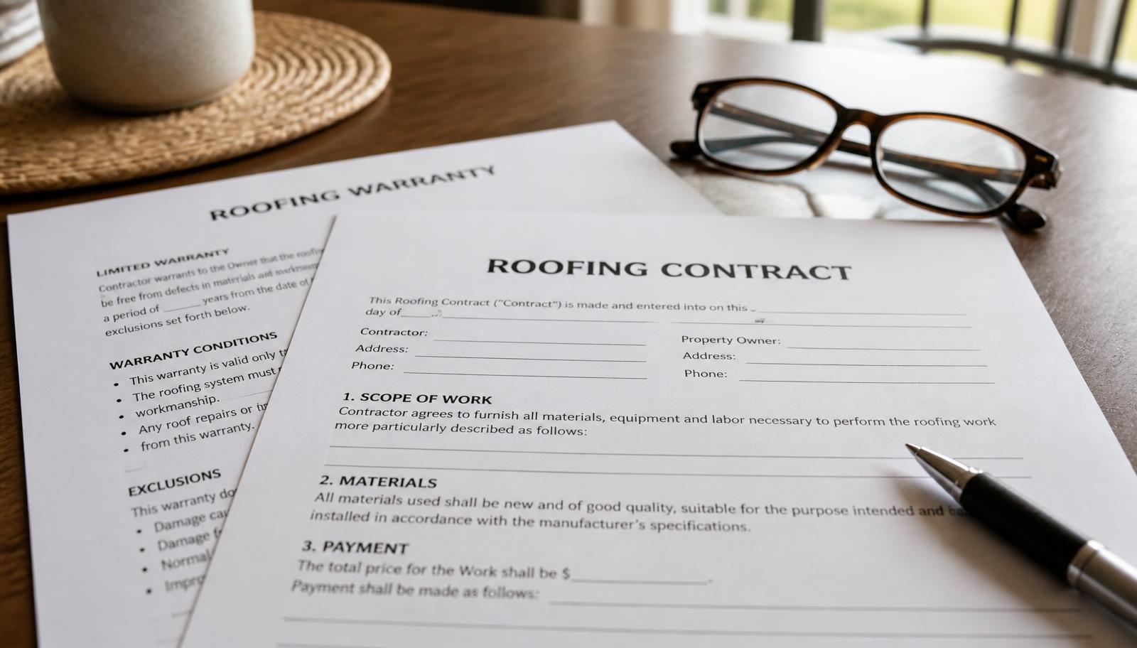 Roofing contract and warranty documents on a kitchen table with reading glasses and a pen