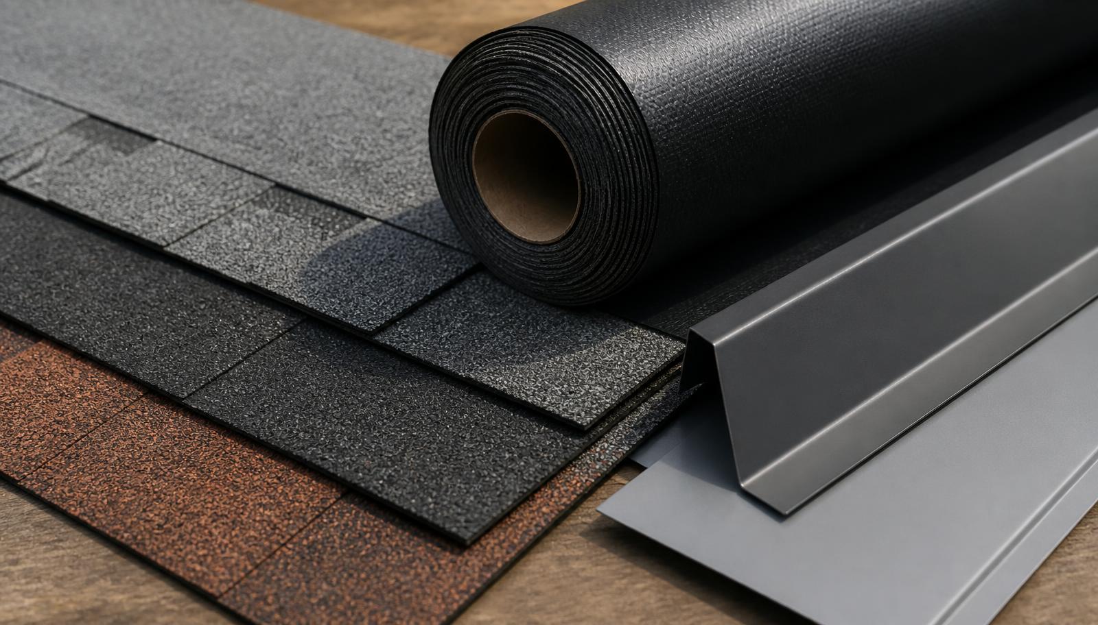 Roofing materials including shingle samples, underlayment, and drip edge flashing
