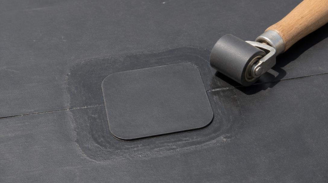 Rubber patch with rounded corners bonded to an EPDM roof beside a seam roller