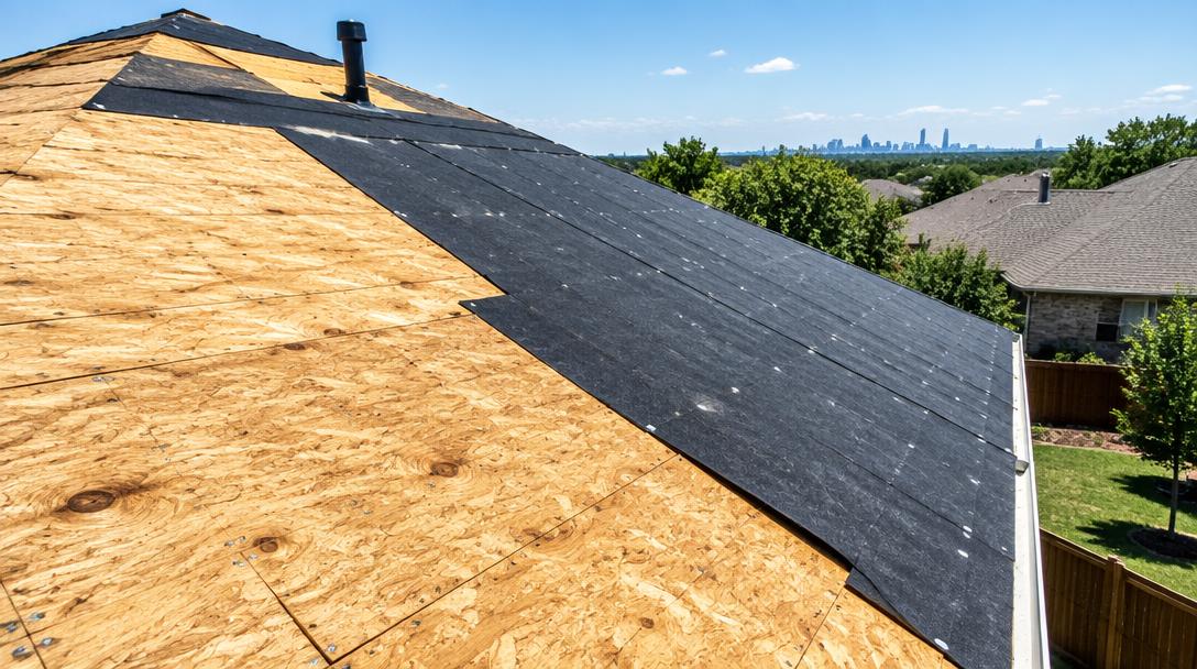 Exposed residential roof decking ready for inspection during a Collin County replacement