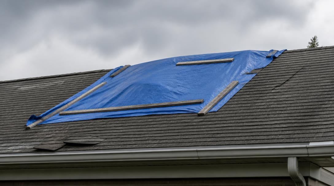 Blue tarp run over the ridge and weighted with boards as a temporary roof leak cover