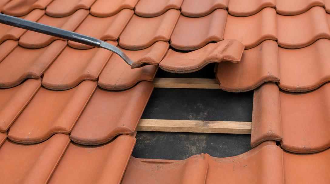 Roof tile lifted out of its course revealing the underlayment and battens beneath