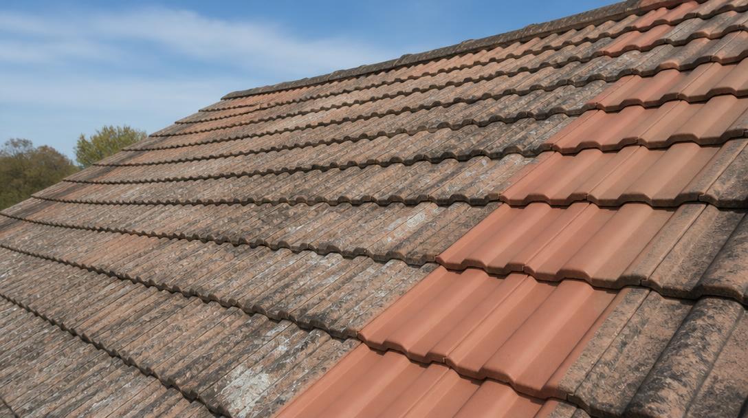 Weathered tile roof beside newer unweathered replacement tiles showing colour mismatch