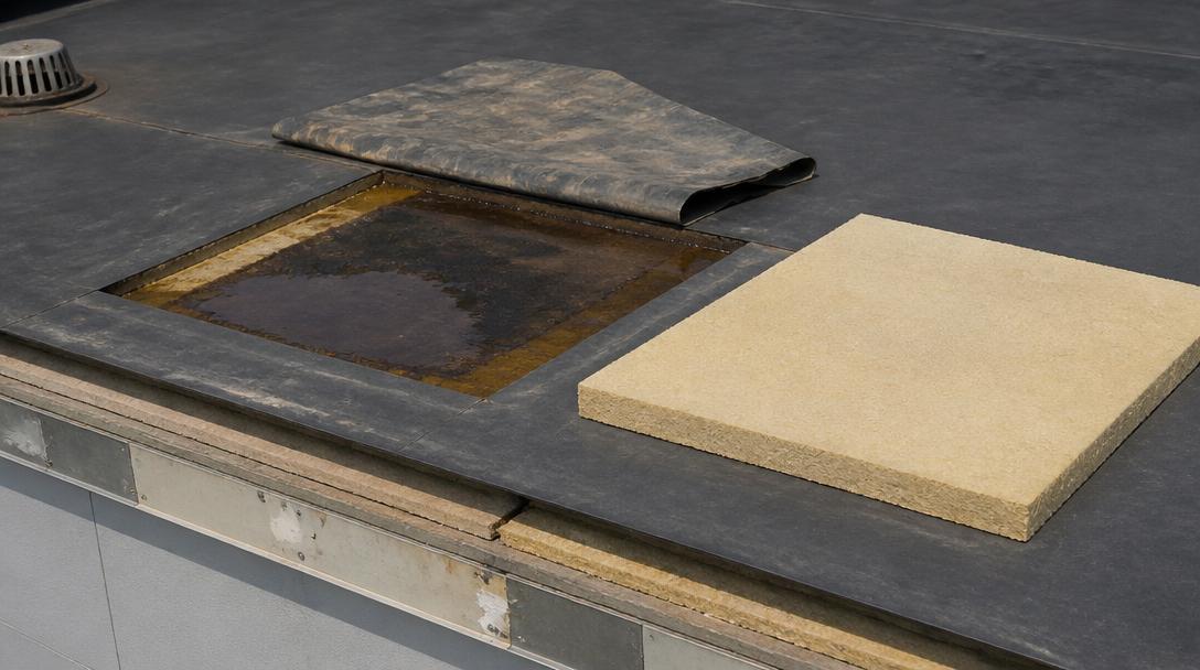 Wet insulation board removed from a low slope roof beside a dry replacement board