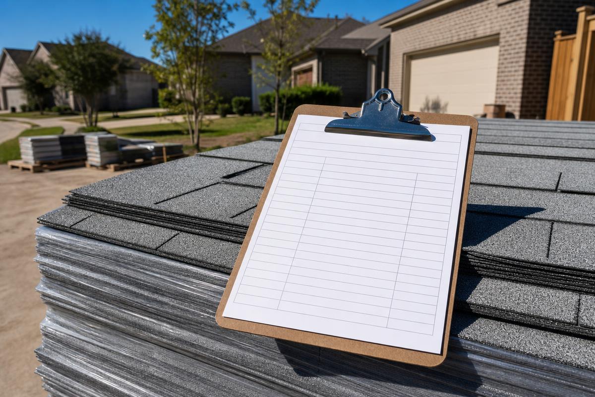 Blank itemized roofing estimate form on a clipboard resting on shingle bundles at a North Texas home
