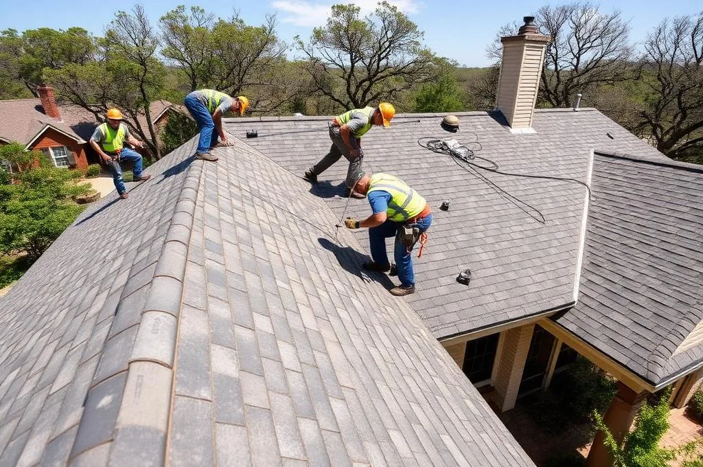 Roofing crew working on a North Dallas home for Flying Cow Roofing
